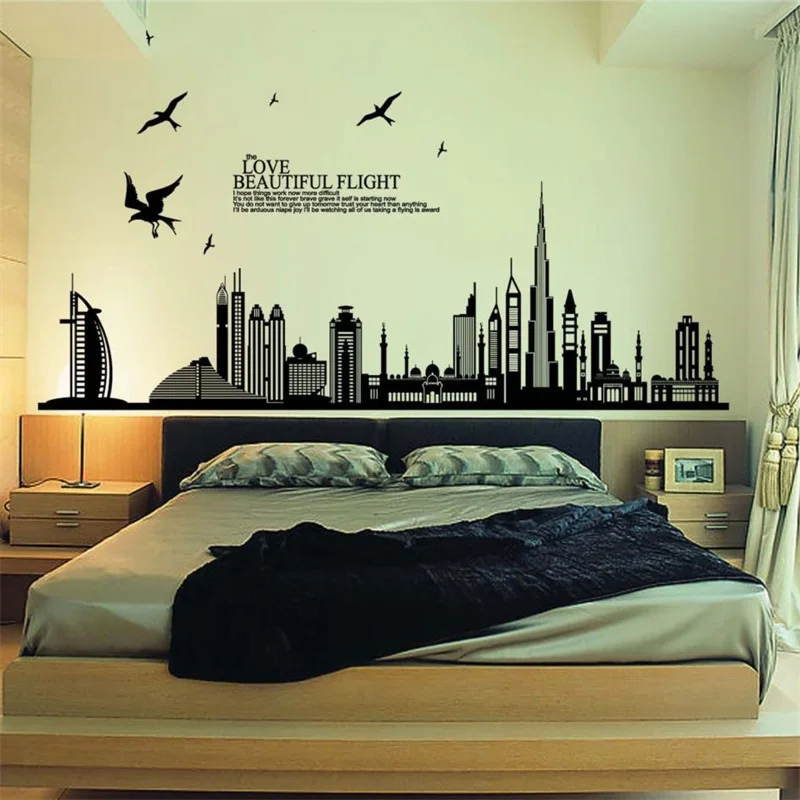 

Black Birds Flying Letter City Building English Home Decor London Skyline Wall Sticker Landmark Self Adhesive Vinyl Mural Decals