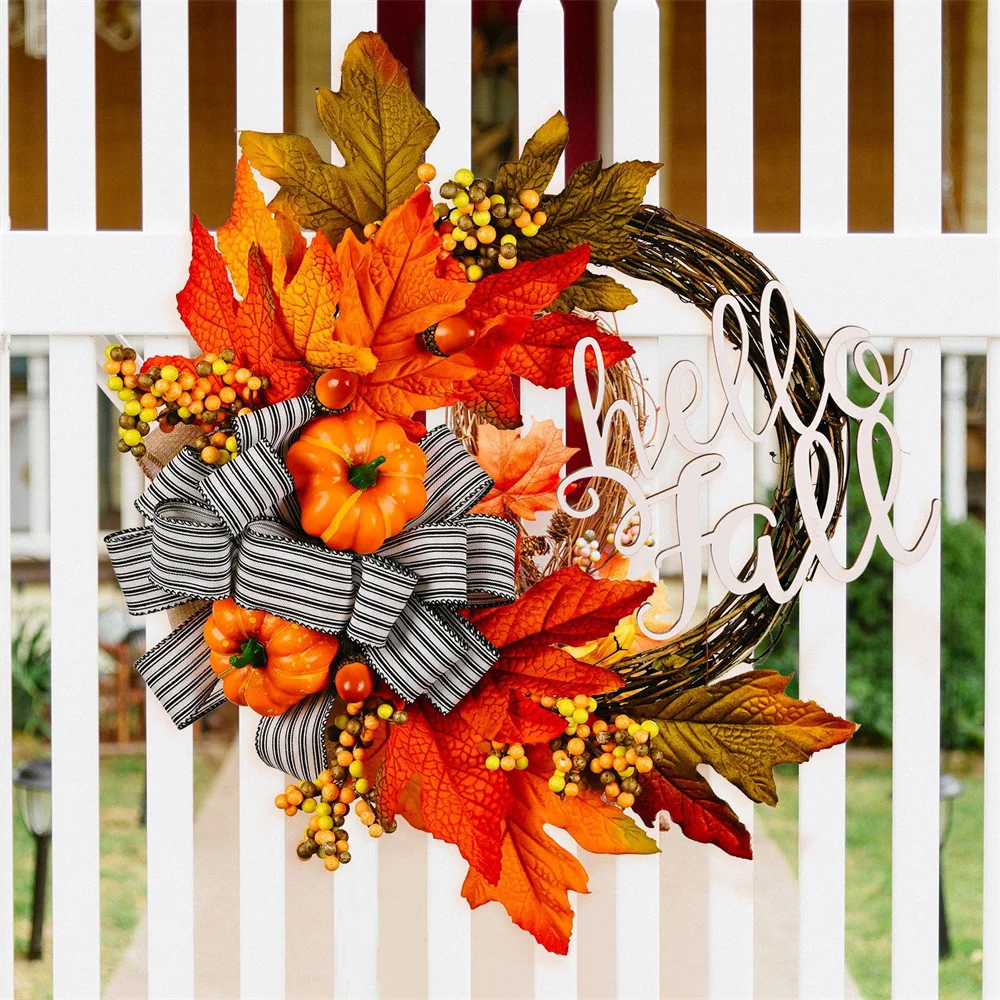 

Halloween Autumn Maple Leaf Garland Pumpkin Berry Door Hanging Rattan Wreath Thanksgiving Wreath Harvest Festival Decorations