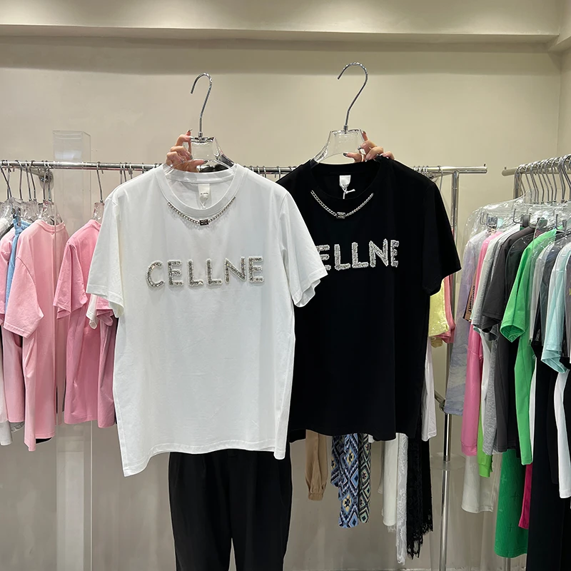 

2022 New Fashion Summer Women Short Sleeve T-shirt Beading Diamond Letters Necklace O-neck Loose All-match White Cotton Top Tees