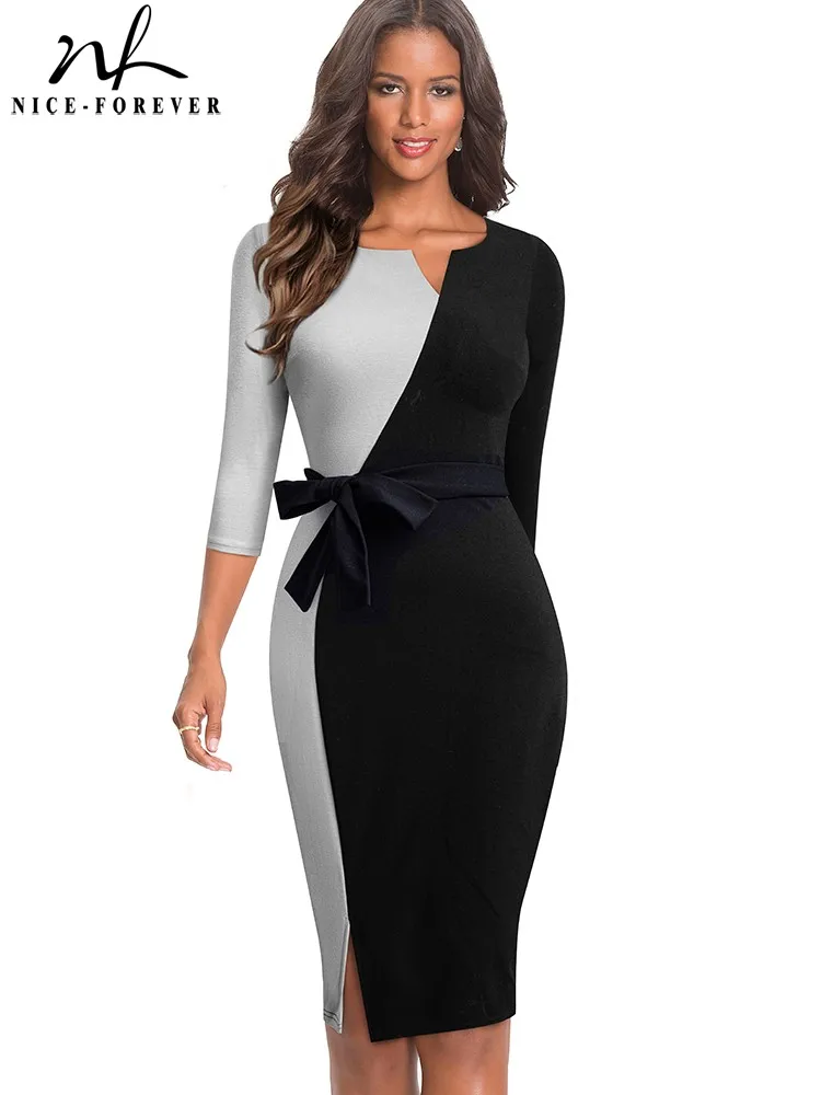 Женское винтажное платье Nice-forever, офисное элегантное облегающее платье контрастных цветов в стиле пэчворк, модель B689