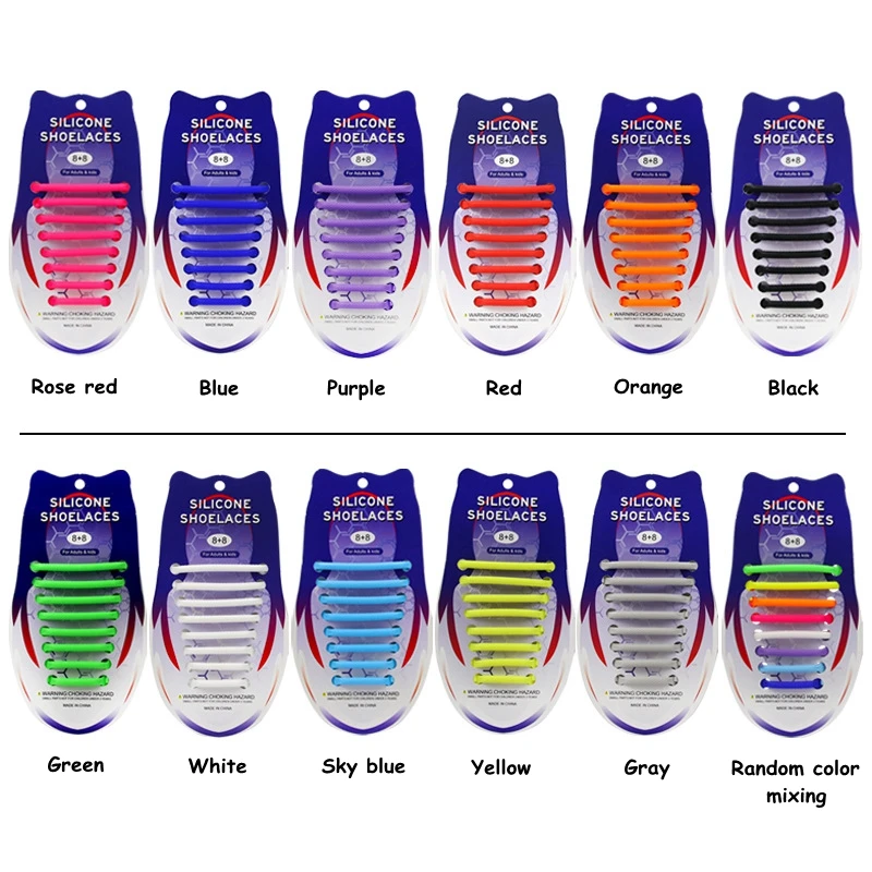16pcs/Set Silicone No Tie Shoelaces Round Elastic Shoe Laces Best in Sports Fan Shoelaces for Kids and Adults Rubber Lazy Laces