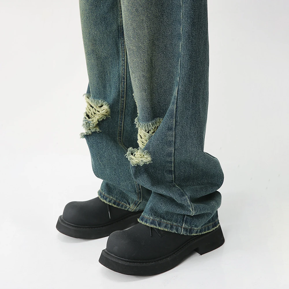 HOUZHOU Ripped Jeans for Men Wide Leg Pants Hip Hop Distressed Denim Trousers Male Vintage Casual Japanese Streetwear Hippie