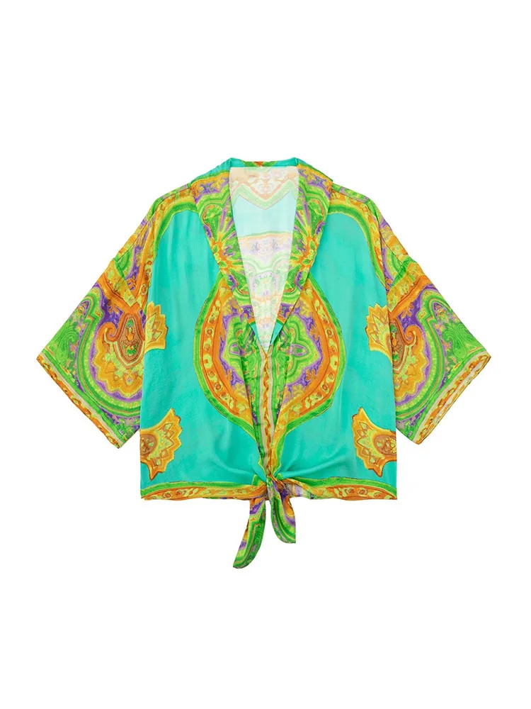 

Женский летний короткий топ с принтом, V-образным вырезом и коротким рукавом