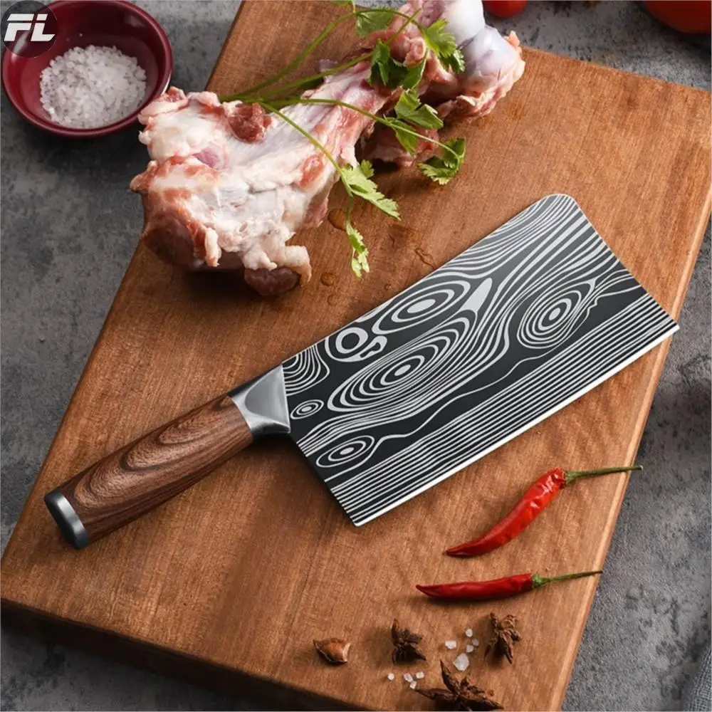 

5CR15 Stainless Steel Damascus Kitchen Knife Cleaver Knife Meat Knife Sharp Chef Knife Wooden Handle Mulberry Slicing Knife