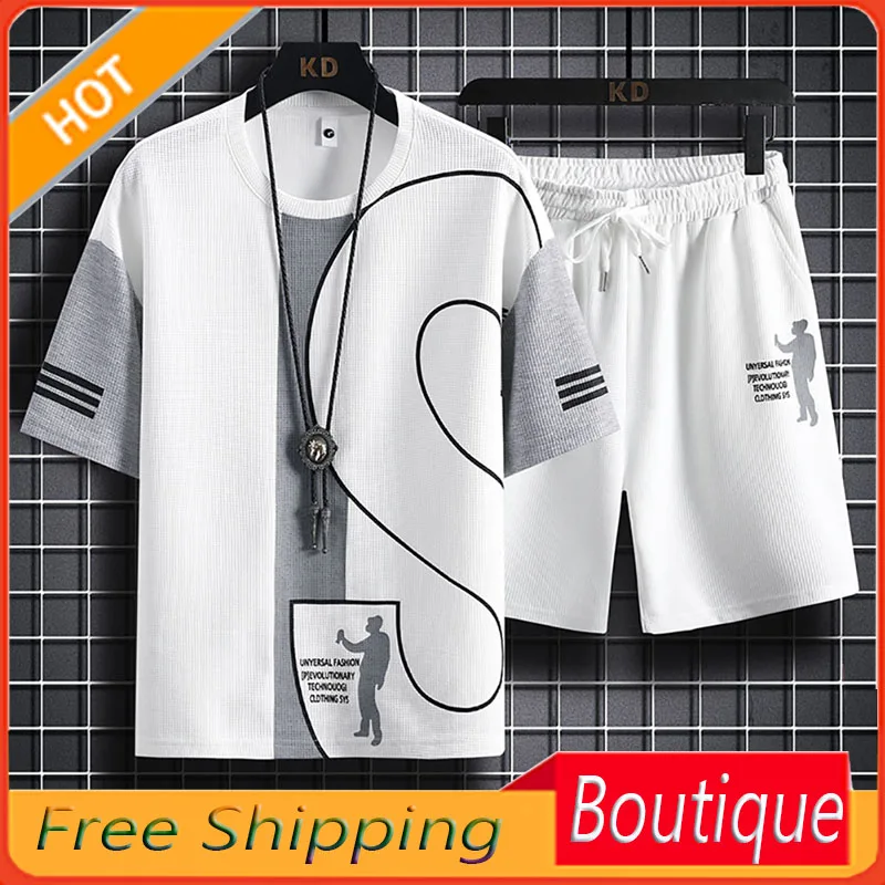 Summer Corn Waffle Suit Loose Sports Two-Piece Short Sleeve Shorts Men's Suit