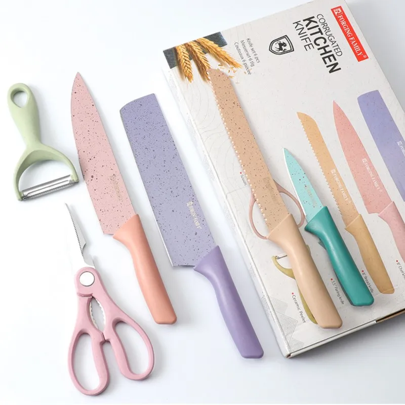 

Chef knives 6 sets Stainless Steel Forged Kitchen Knives Scissor Peeler Colour Slicer Paring Knife Gift Case Kitchen Knives Set