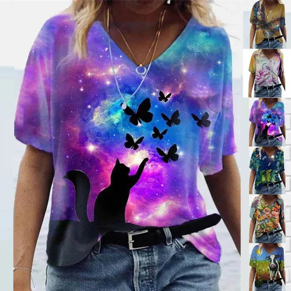 

Women 3D Flower Print T Shirt Abstract Top Summer 2021 New Fashion Street Casual V-Neck Loose Tee Oversized Ladies Tops Plus Siz