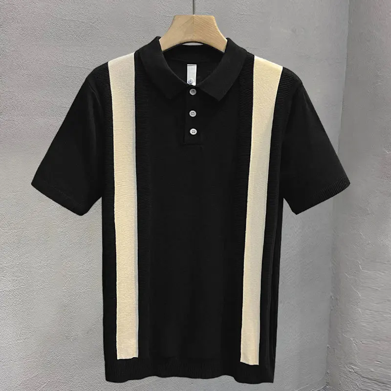 

Stripe Polo Shirt Paneled Color Contrast Stripe T-Shirt Men British Slim Lapel 2023 Summer Man Short Sleeve Knitted Polo Men