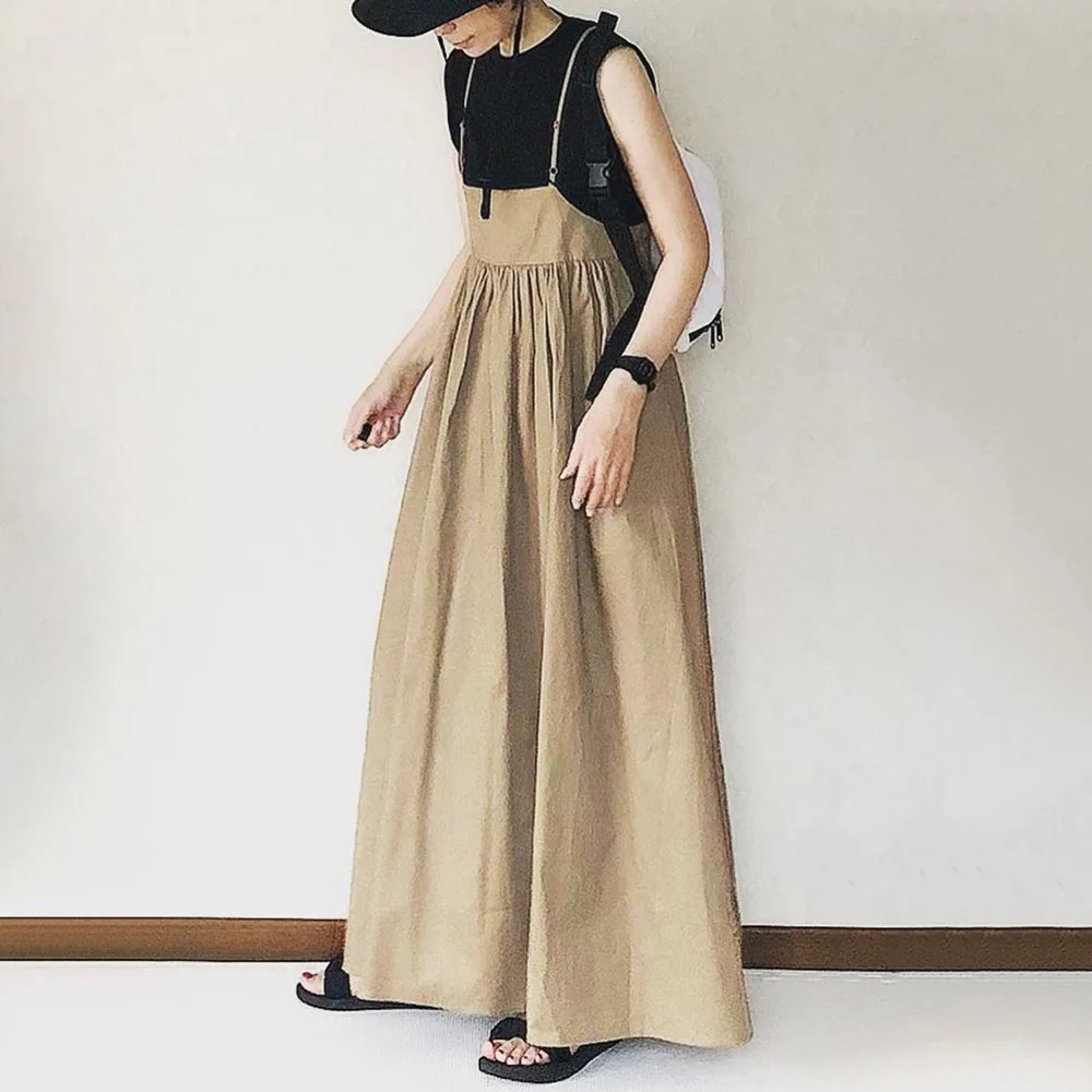 

Suspender Dress For Women Ankle-Length Sleeveless Pleated Casual Loose Solid Color Korean Fashion One Piece Dress 2022 Summer