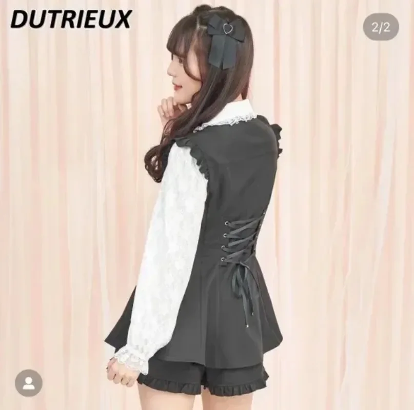 Japanese Lolita Sc Suit Long-sleeved Bow Tops Lace Splicing Slimming Shirt and Leggings Shorts Sweet Cute Girls Two Piece Set (art.: 3920ced09625f) - 3920ced09625f