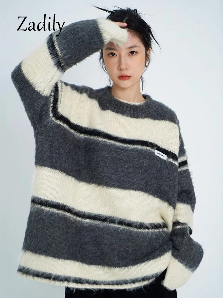 

Winter Minimalist Striped O Neck Loose Women Sweater Korea Style Oversize Long Sleeve Pullover Female Loose Clothing