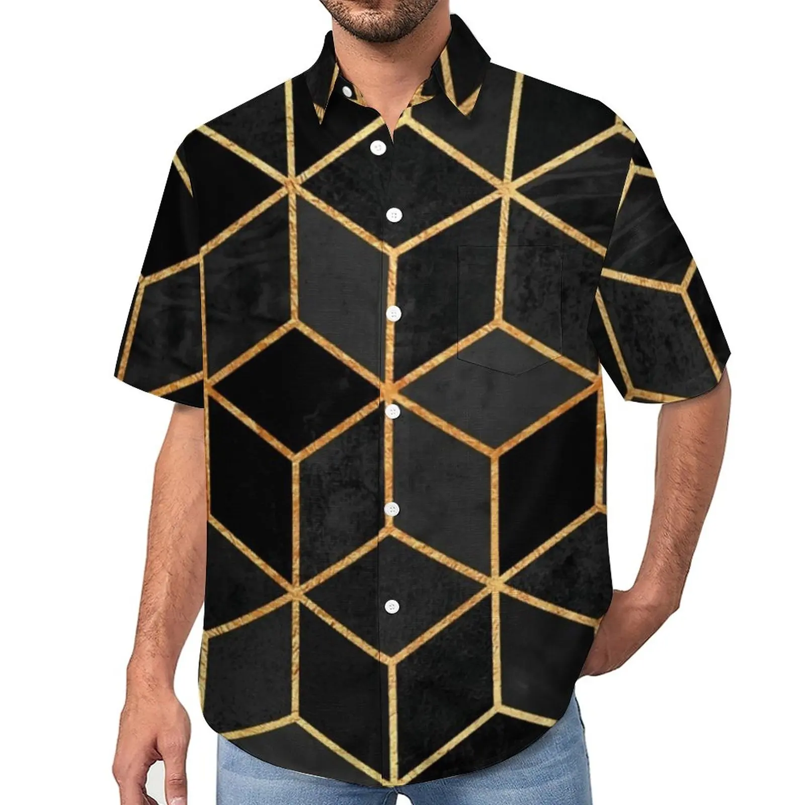 

Gold Geo Print Vacation Shirt Black Cubes Hawaii Casual Shirts Male Street Style Blouses Short Sleeves Clothing Plus Size