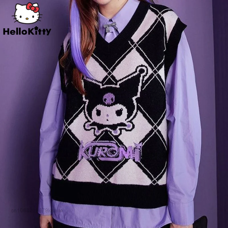 

Sanrio Cartoon Kuromi New Knitted Vest Y2k Clothes Thin Sleeveless Sweater College Style Women Fashion Tops Loose Black Tank Top
