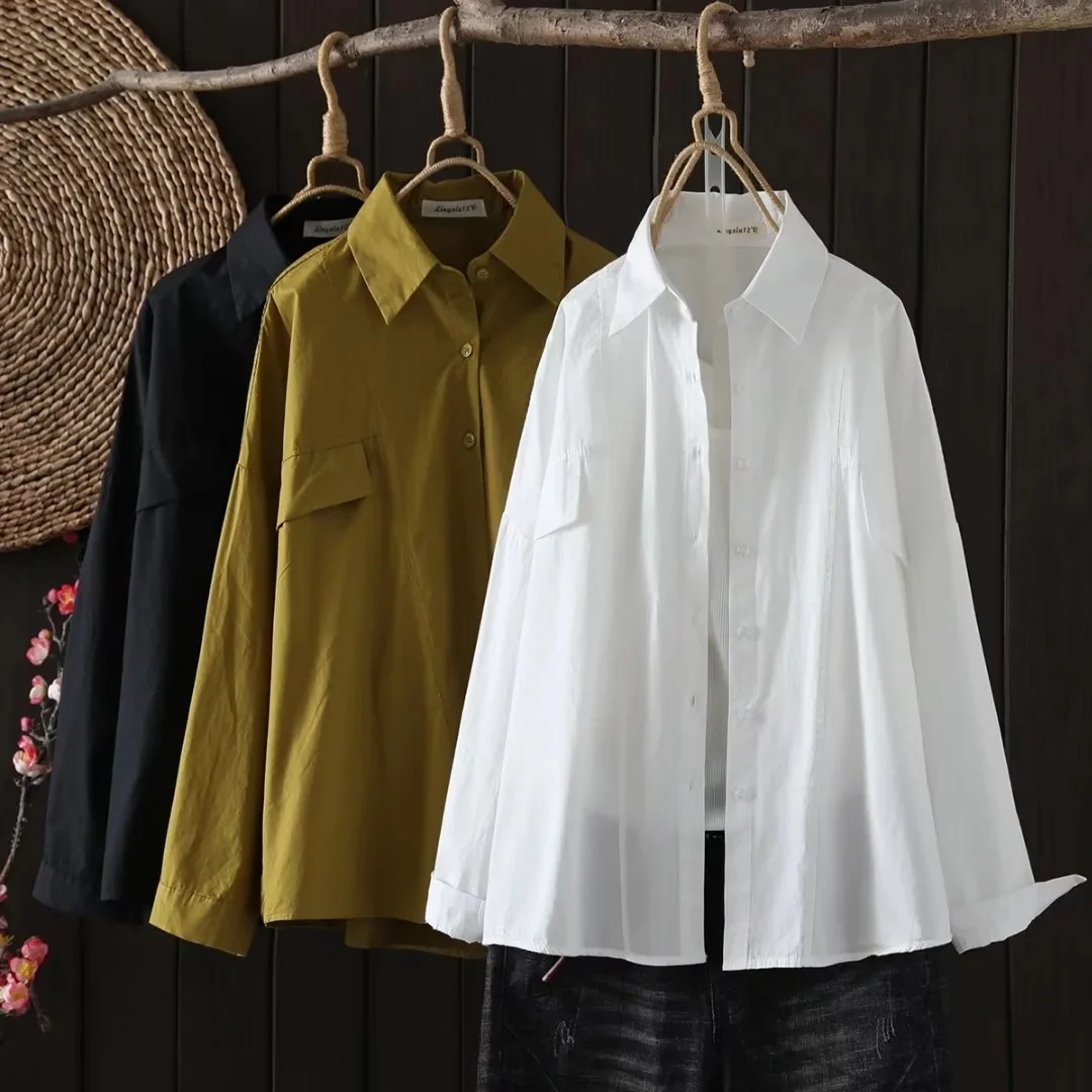 

Autumn outerwear mori girls autumn spring Japan style brief long sleeve turndown collar 100% cotton solid shirts and blouses