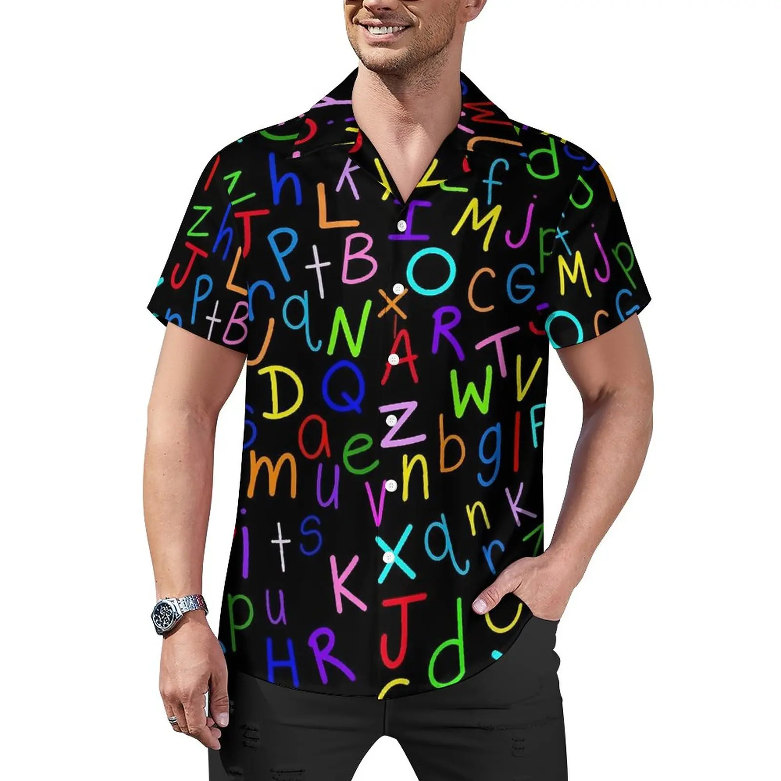 

Colorful Letter Print Vacation Shirt Alphabet Soup Hawaiian Casual Shirts Men Y2K Blouses Short Sleeve Design Clothing Plus Size