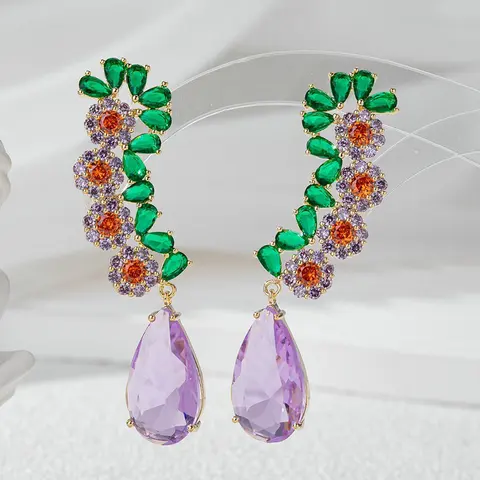 Женские серьги-капли Bilincolor с зеленым цветком и кубическим цирконием