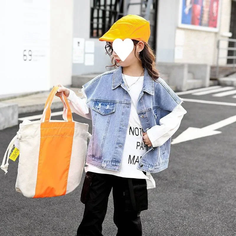 Стильный джинсовый жилет для девочек весенне-осенняя верхняя одежда корейская