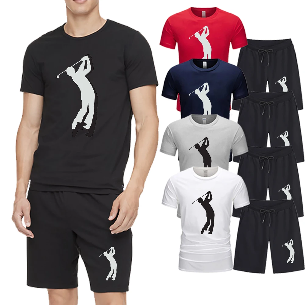 

Men's Short Sleeves Summer Set Cotton Golf Man Logo T-shirt Suit Tracksuits Crewneck Solid Color Pullover Top + Short Pants 2022
