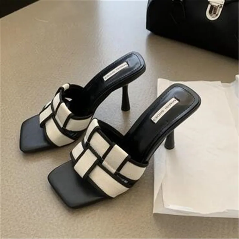 Weave Design Women Slippers Open Toe Summer Dress Shoes Thin High Heels Slides Slippers Party Pumps Wedding Black White 35-39