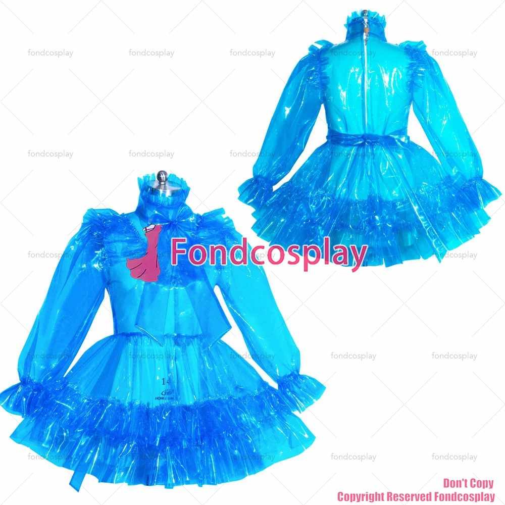 

fondcosplay adult sexy cross dressing sissy maid short French lockable blue clear PVC dress unisex CD/TV[G3952]