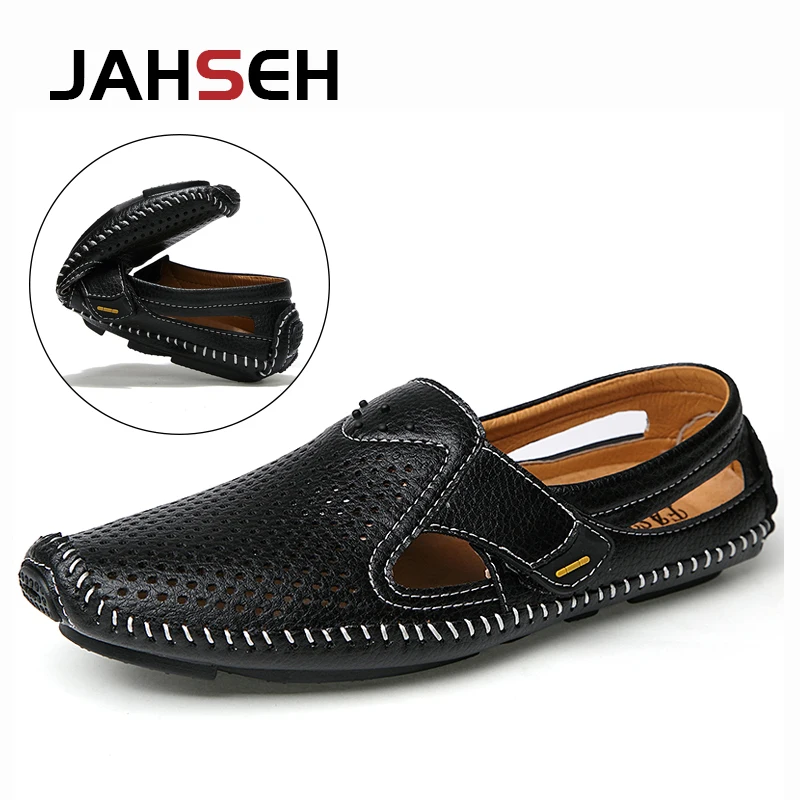 

New Genuine Leather Men Casual Shoes Hollow Breathable Sandals Summer Driving Shoes Leather Outdoor Beach Shoes Plus Size 38~47