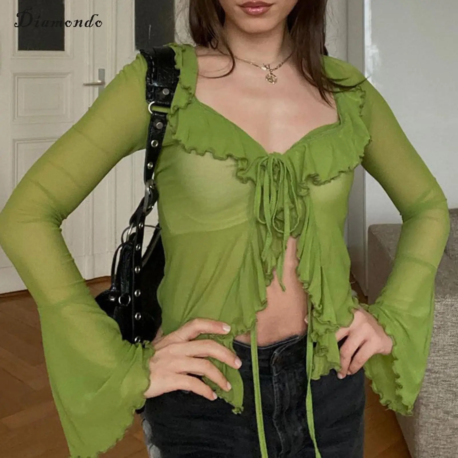 

Commuting Leisure Lace-Up Crop Tops Women Open Chest Cover Up T-shirt Perspective Long Sleeve Mesh Flounce Solid Color Thin