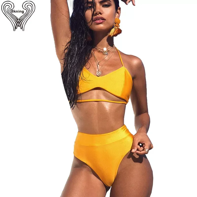 Распродажа дешевое Желтое Бикини с высокой талией купальник пуш-ап новинка 2021