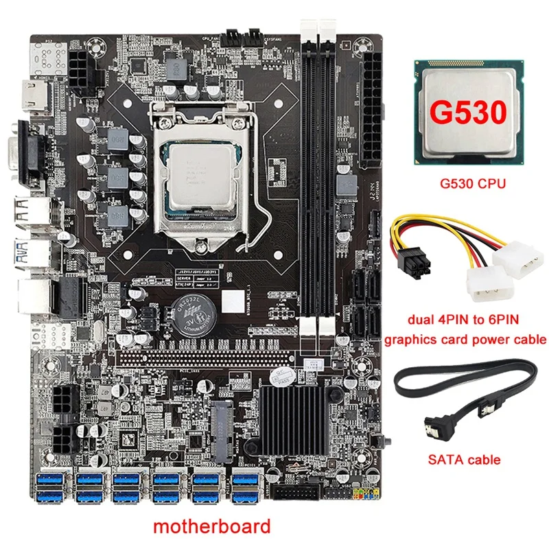

NEW-B75 12 Card Mining Motherboard+G530 CPU+4PIN To 6PIN Power Cable+SATA Cable 12USB3.0(PCIE) Slot LGA1155 DDR3 RAM SATA3.0