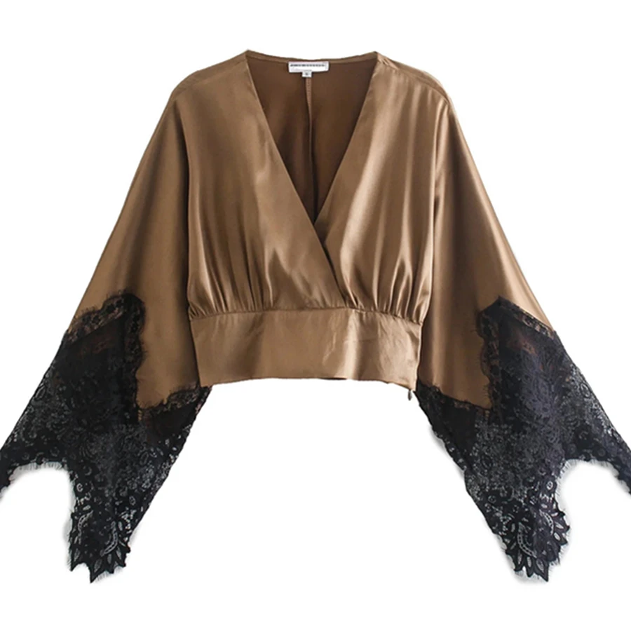 

Maxdutti England High Streetwear Lace Patchwork V-neck Loose Shirt Women 2022 Spring Kimono Blouse Women Tops