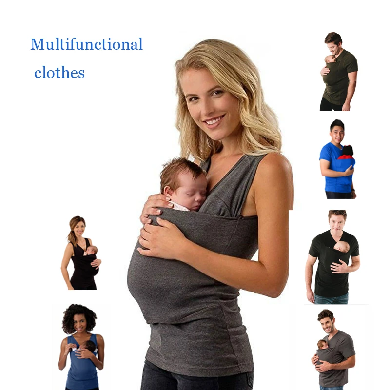 

1PC Pocket Tshirt Baby Pocket Summer Clothes Nylon Father Sleeve Big Carrier Short Pregnancy Tops for T-shirt Cotton