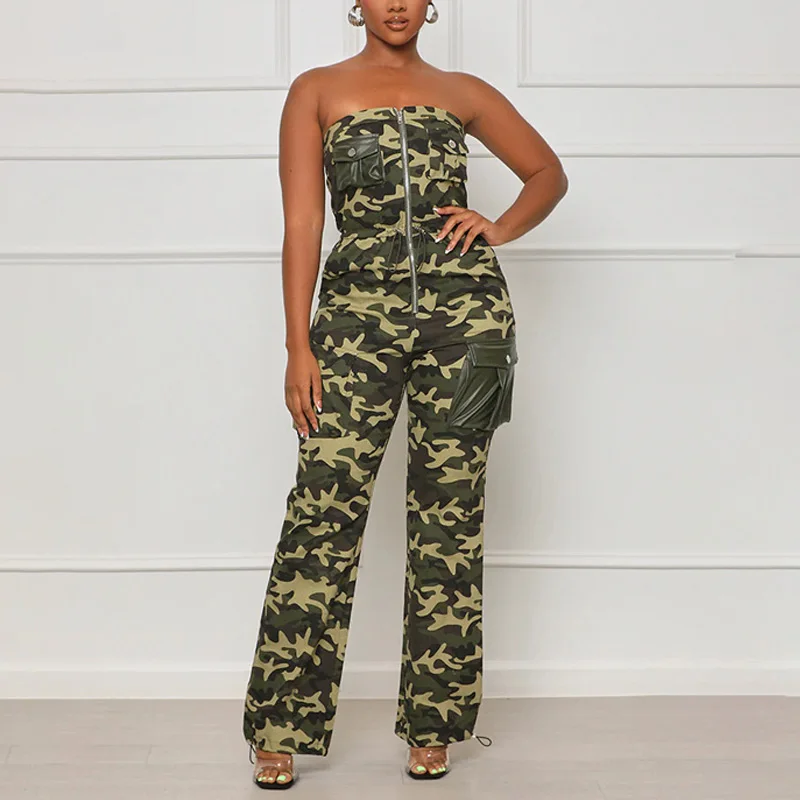 

Женский камуфляжный комбинезон на молнии, повседневный длинный комбинезон без рукавов и бретелек с карманами, 2023