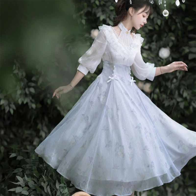 

Длинное женское платье YOSIMI в стиле пэчворк, летнее ТРАПЕЦИЕВИДНОЕ ПЛАТЬЕ до середины икры с воротником-стойкой, облегающее платье с рукавом до локтя и синим принтом, 2023