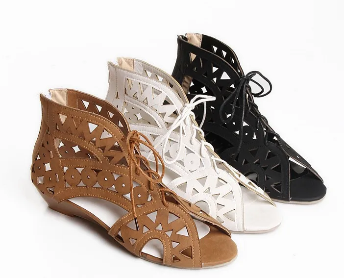 

Hollow Out Women Gladiator Sandals Vintage Lace Up Low Heel Wedges Summer Shoes For Woman Open Toe Zipper Zapatos Mujer