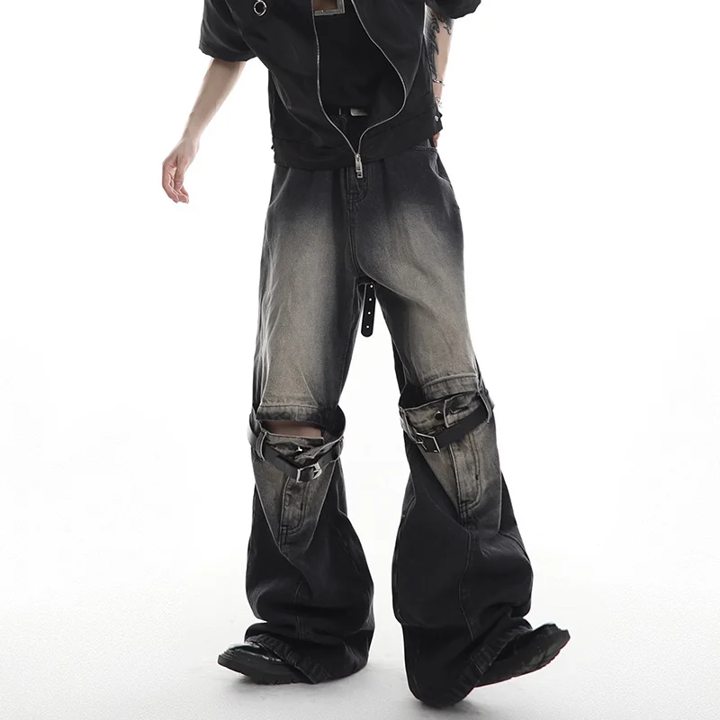 FEWQ Vintage Men Spliced Micro Flared Jeans American Style High Street Wide Leg Straight Denim Pants Summer New Clothing 9A8932n