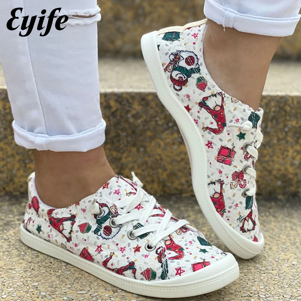 

Рождественский подарок для женщин, новинка осень 2022, холщовые кроссовки со шнуровкой и снеговиком, рождественские эспадрильи, обувь для дом...