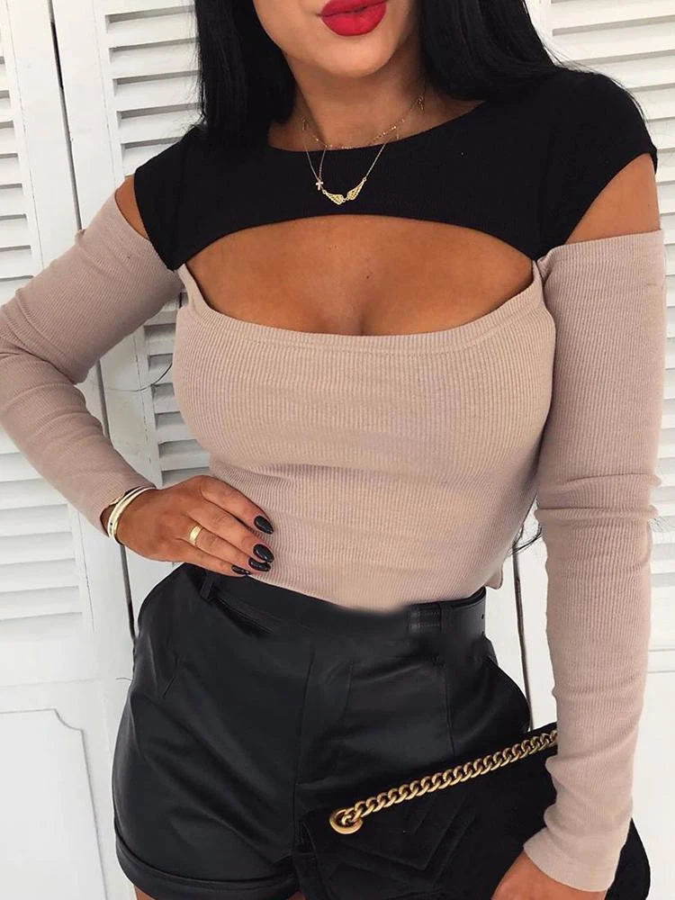 

Ladies Sexy Hollow Off Shoulder Top Spring Autumn Fashion Patchwork Long Sleeve Pullover Tops Women Casual Slim Bottoming Shirt