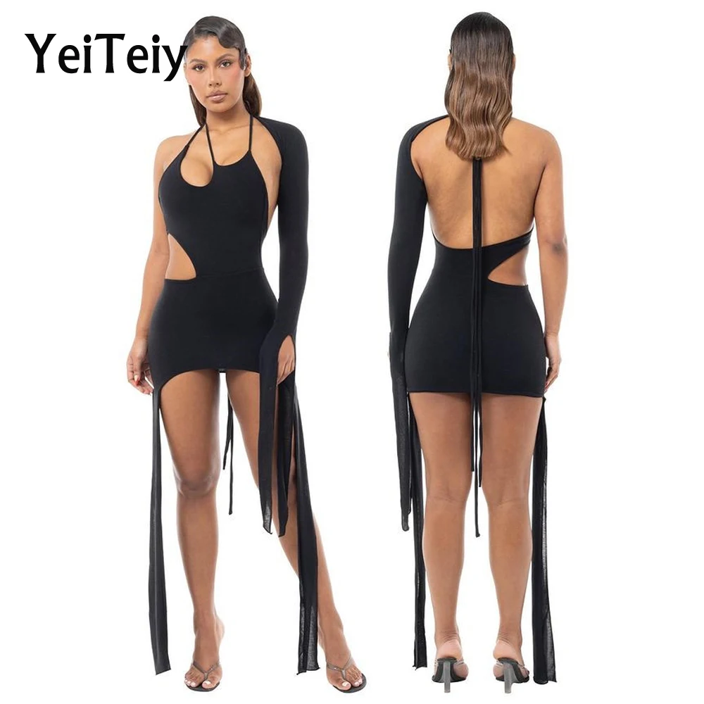 

Yeiteiy Solid Color Suspender Dress Female Summer European American Style Sexy Hollow Strapless Nightclub Fried Street Hip Skirt