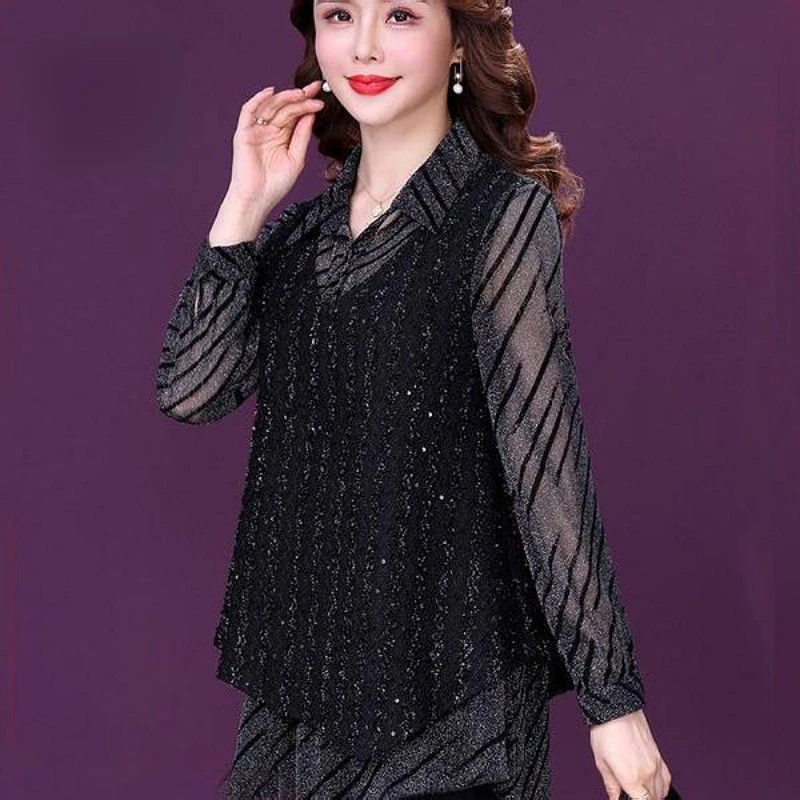 

Sexy Bright Silk Top Women Casual Turndown Collar Long Sleeve T-Shirts Female Elegant Loose Tops Tees Vintage Clothes Woman E377