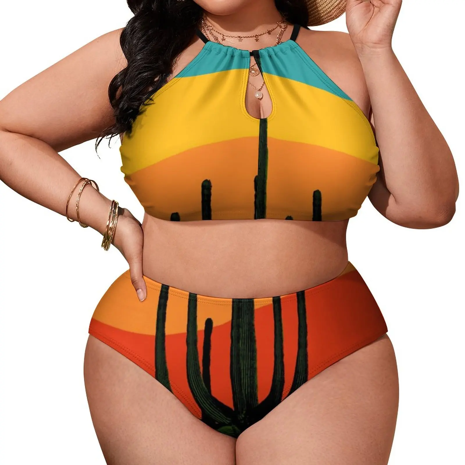 

Cartoon Desert Bikini Set Retro Cactus Sunset Bikini Swimsuit Push Up Hollow Out Swimwear Novelty Bathing Suit Beach Outfits