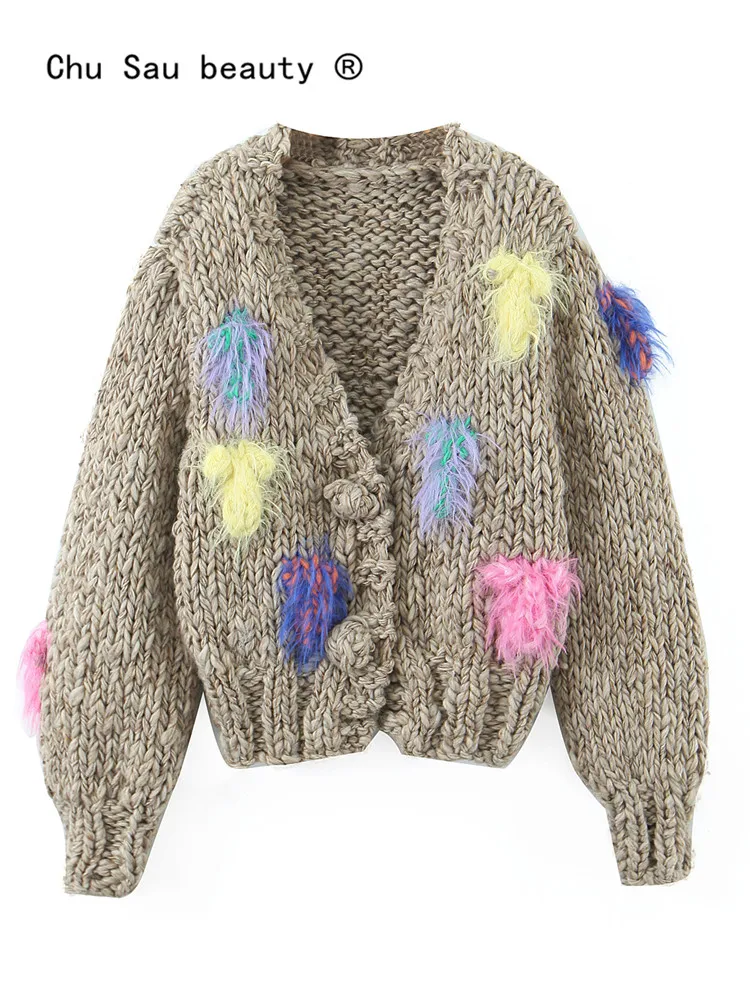 

Y2k осенне-зимний однотонный вязаный кардиган ручной работы для женщин 2022 Новый Винтажный шикарный жаккардовый короткий свободный свитер для женщин