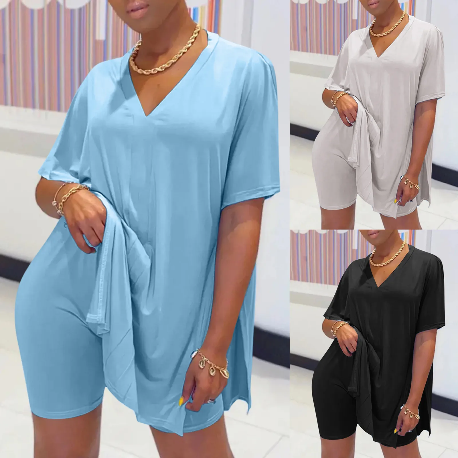 

Women 2022 Two Piece Set Of Solid Color V Neck Short Sleeve Set Fashionable Simple Comfy High Quality Daily Sets Fast Shipping