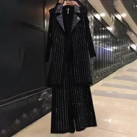 large size womens autumn new mid length belly covering vest wide leg pants suit heavy industry bright diamond three piece set