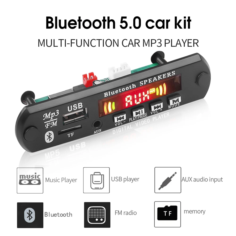 

Wireless Bluetooth 5.0 MP3 Player Car Audio LED Color Screen USB TF Card FM Radio Module DC 5V 12V MP3 Decoder Board Support APP