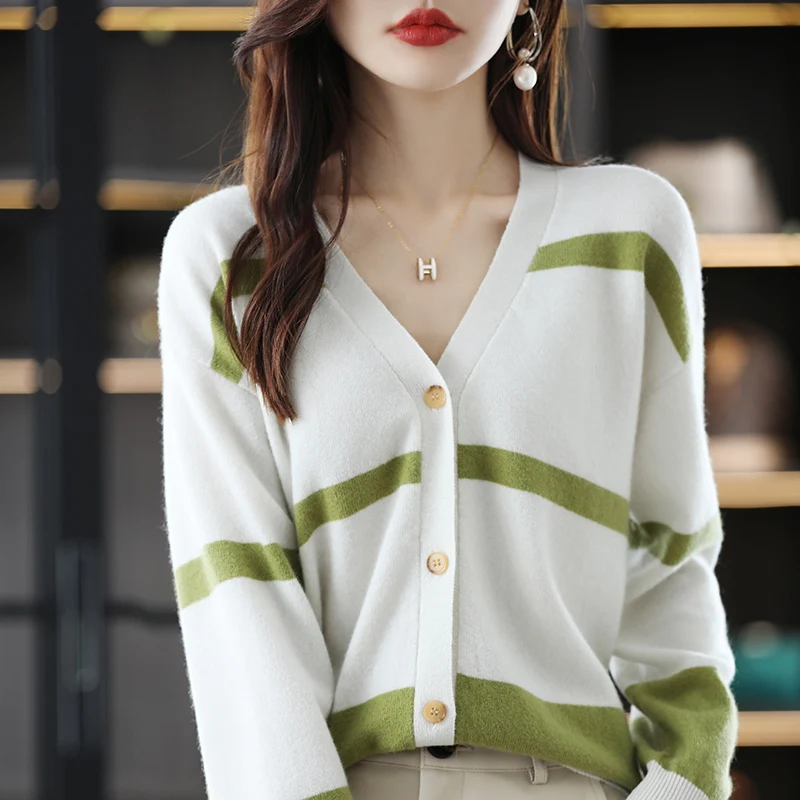 

100% Merino Wool Cardigan Ladies V-neck Colorblock Striped Top 2022Autumn and Winter New Knitted Bottoming Jacket Casual Fashion