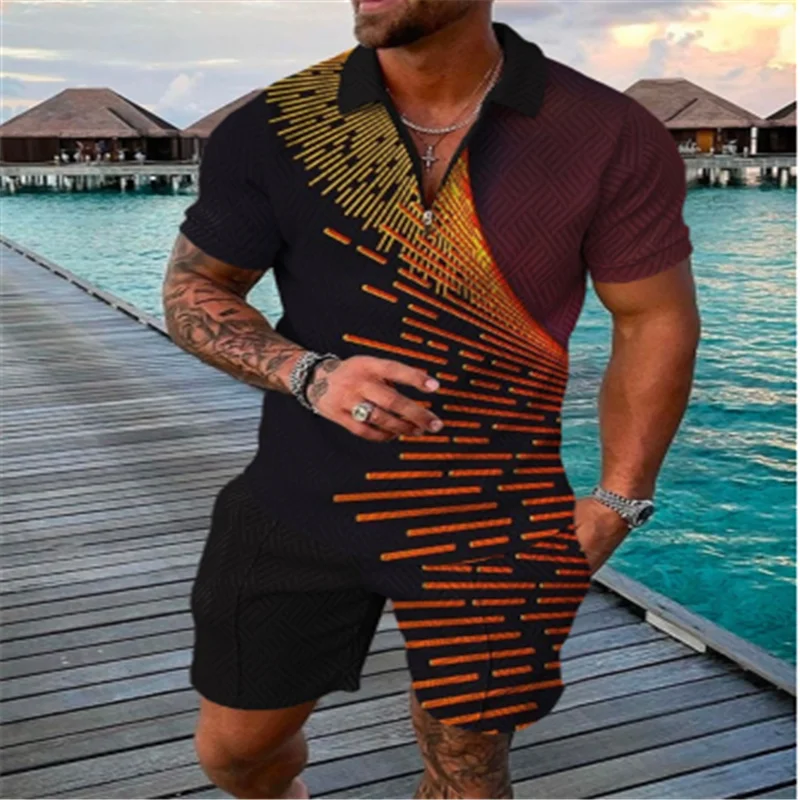 

Men's suit 3D color printing summer short-sleeved polo shirt shorts suit fashion zipper polo shirt two-piece new style