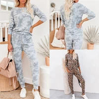 women long sleeve 2pcs tracksuit fashion tie dyeleopard printed hoodies sweatshirt lady high waisted pants sets casual suits