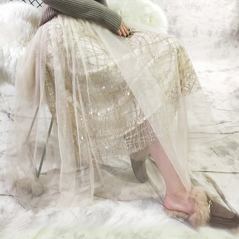 Новая золотая сетчатая юбка для поясницы на осень и зиму юбки с пальто юбкой