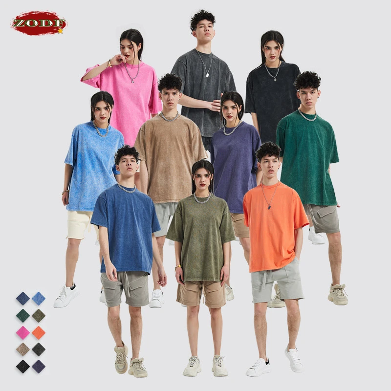 

ZODF 2023 Summer Men Batik Washed Cotton T-Shirts American Retro Women Unisex Loose 250gsm Solid Tees Streetwears HY0113