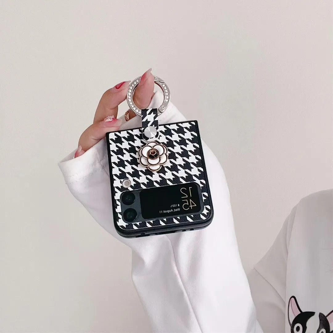 

Luxury Houndstooth Phone Case for Samsung Galaxy Z Flip 3 4 5G Z Flip4 Zflip3 Zflip4 Flip4 Shockproof Glitter Ring Back Cover