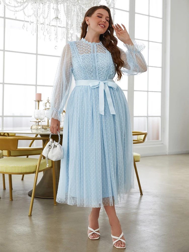 

Simplee Women Plus Size Elegant Dots Lace Dress Winter Hollow Out Lantern Sleeve Dresses Female Wedding Ball Gown Long Vestidos